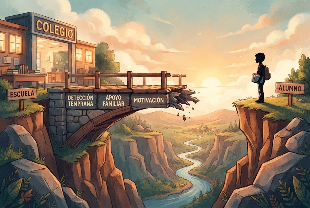 Ilustración de un puente roto entre escuela y alumno siendo reparado con apoyos