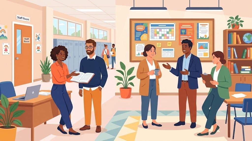 Ilustración vectorial de un grupo diverso de docentes conversando e intercambiando ideas en una sala de profesores luminosa con un tablón de anuncios.