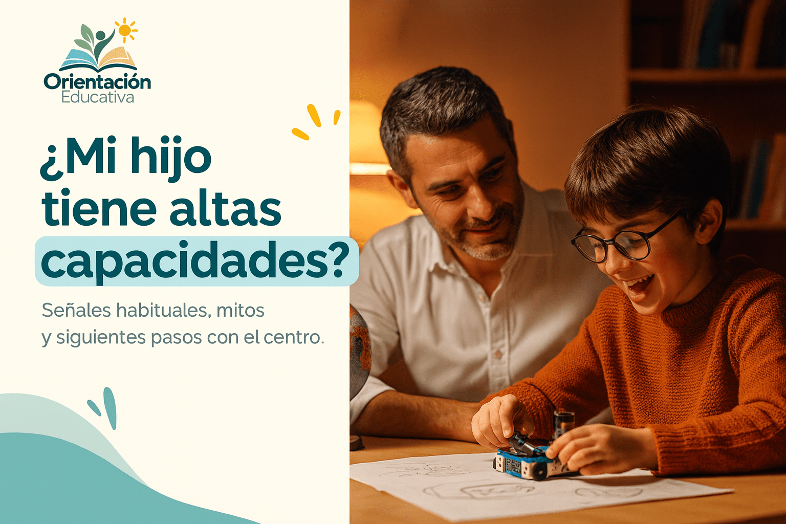 Niño con gafas montando un robot junto a su padre, concentrado y curioso