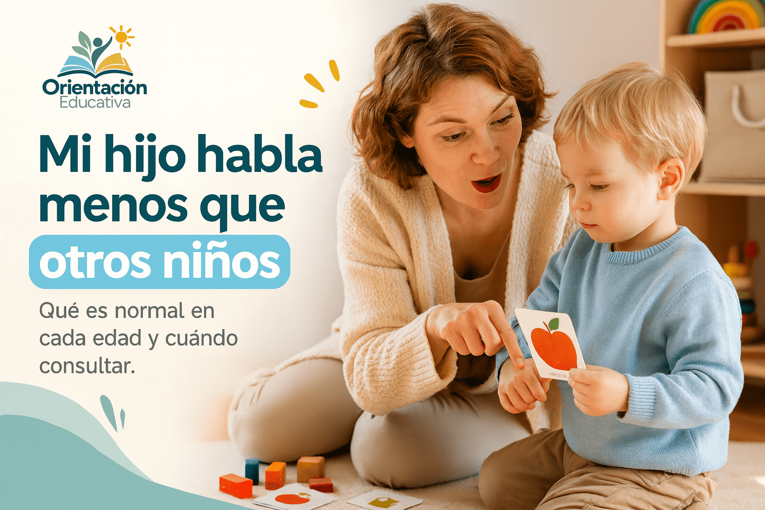 Madre estimulando el lenguaje de su hijo pequeño con tarjetas de imágenes en el suelo