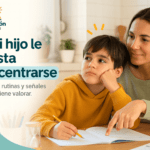 Niño al que le cuesta concentrarse haciendo los deberes con ayuda de su madre