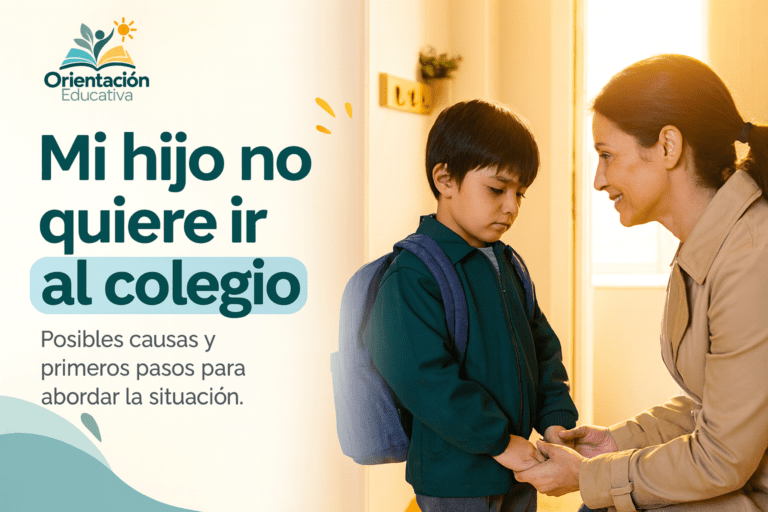 Mi hijo no quiere ir al colegio: madre tranquilizando a su hijo con mochila en la puerta de casa