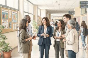 La ministra Milagros Tolón conversa con docentes y orientadores en un instituto durante la presentación del plan psicosocial para Ceuta