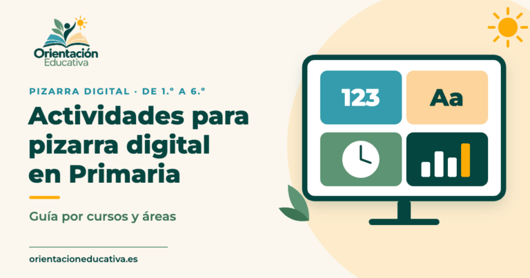 Portada: Actividades para pizarra digital en Primaria, con una pizarra de cuatro actividades