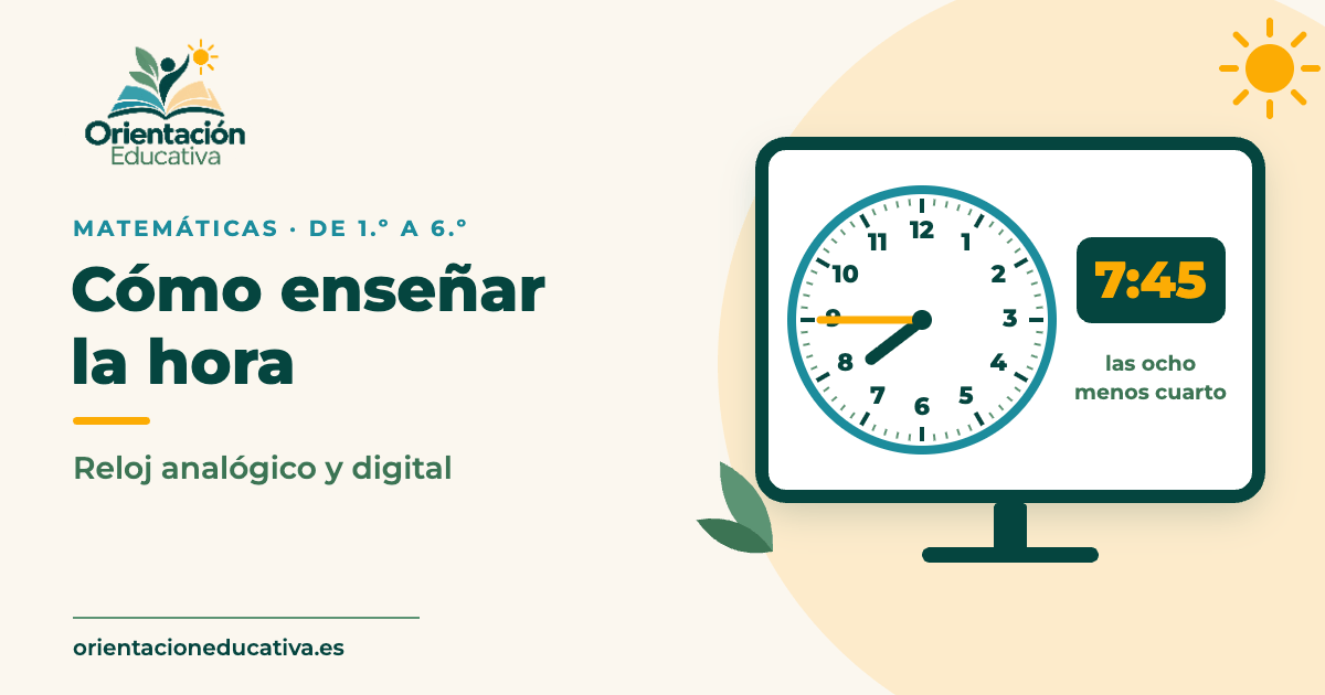 Portada: cómo enseñar la hora en Primaria, con un reloj analógico y uno digital que marcan las 7:45