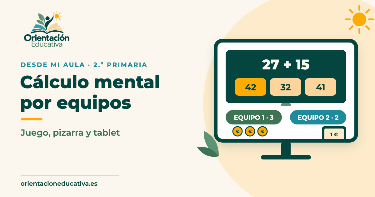 Portada: Desde mi aula, cálculo mental por equipos en 2.º de Primaria, con una pizarra digital, dos marcadores de equipo, monedas y una tablet