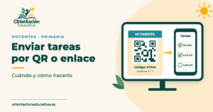Portada: enviar tareas a los alumnos por QR o enlace, con una tarjeta de alumno con código QR y un móvil con la lista de tareas