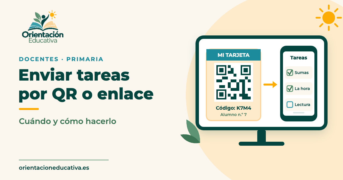 Portada: enviar tareas a los alumnos por QR o enlace, con una tarjeta de alumno con código QR y un móvil con la lista de tareas