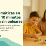 Madre e hijo contando monedas en la mesa de la cocina junto a un temporizador; portada de la guía para practicar matemáticas en casa 10 minutos al día