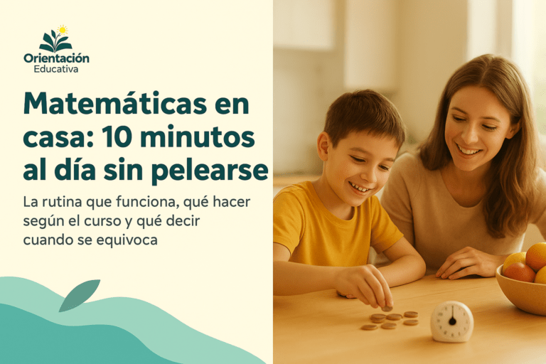 Madre e hijo contando monedas en la mesa de la cocina junto a un temporizador; portada de la guía para practicar matemáticas en casa 10 minutos al día