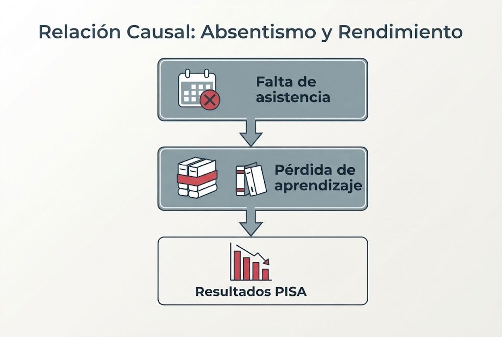 Infografía que muestra la relación entre falta de asistencia y peores resultados académicos